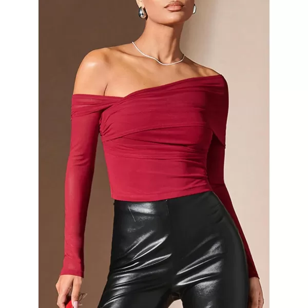 Floerns Women's Off Shoulder Asymmetrical Neck Ruched Mesh Long Sleeve Crop Top Tee