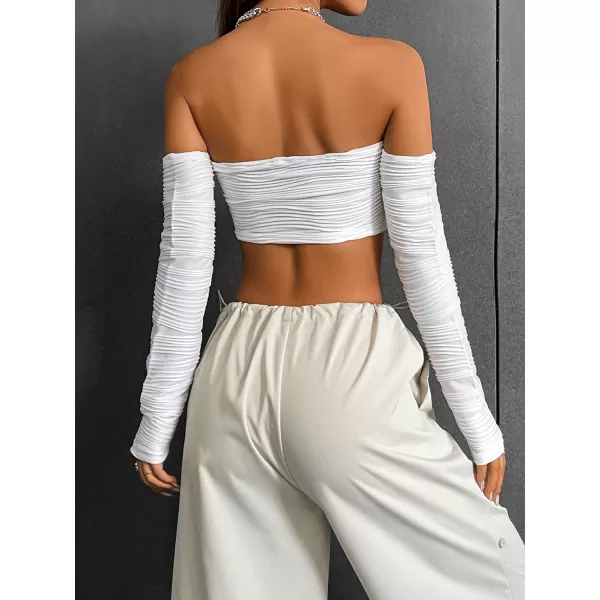 Floerns Women's Off Shoulder Textured Solid Ruched Long Sleeve Crop Top