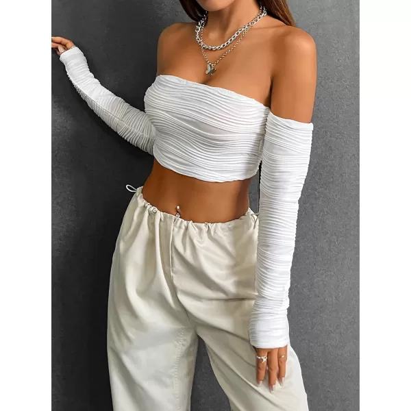 Floerns Women's Off Shoulder Textured Solid Ruched Long Sleeve Crop Top
