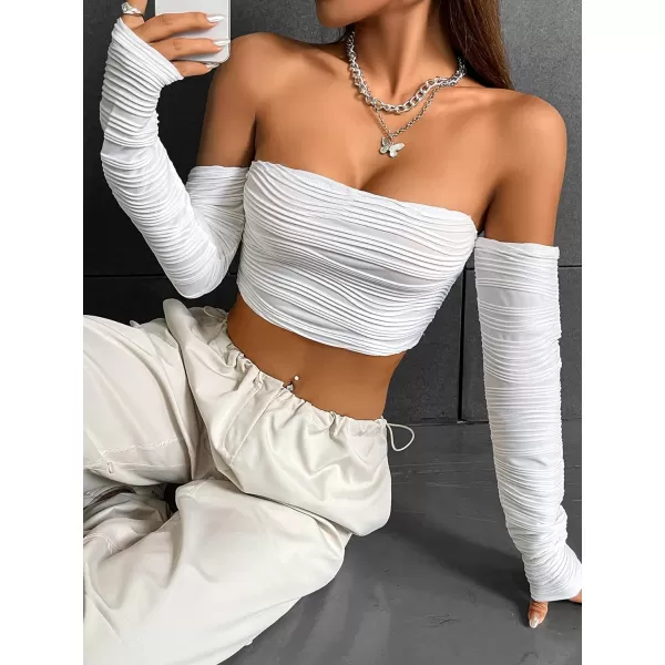Floerns Women's Off Shoulder Textured Solid Ruched Long Sleeve Crop Top
