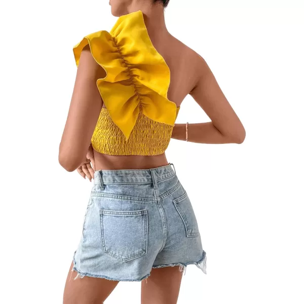 Floerns Women's One Shoulder Ruffle Trim Sleeveless Shirred Cocktail Party Crop Top