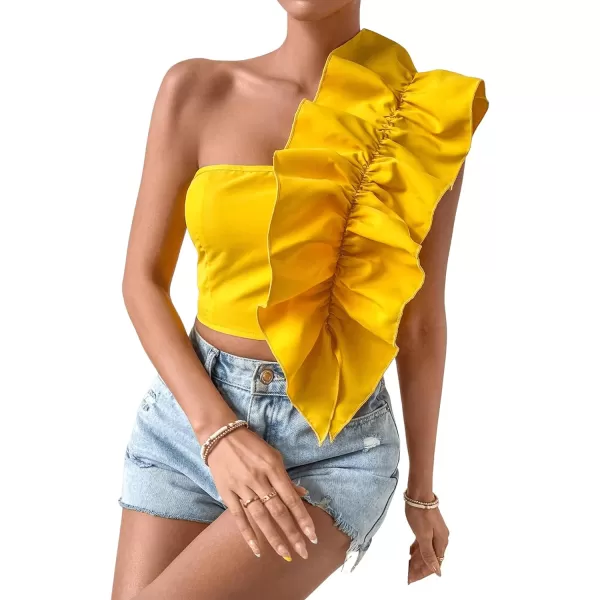 Floerns Women's One Shoulder Ruffle Trim Sleeveless Shirred Cocktail Party Crop Top