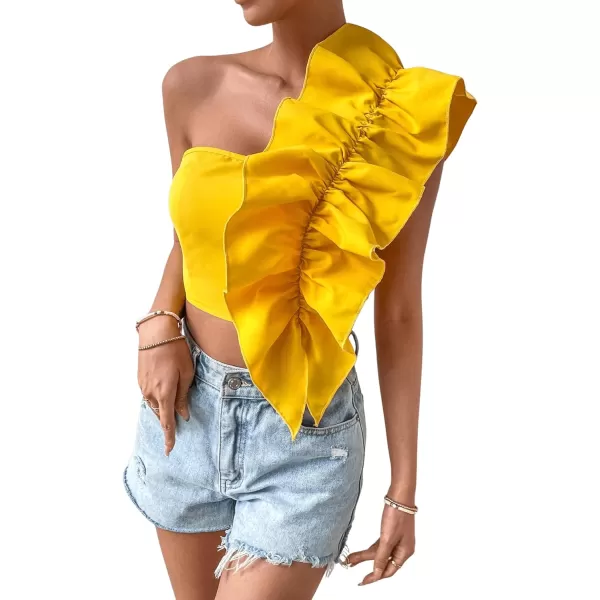 Floerns Women's One Shoulder Ruffle Trim Sleeveless Shirred Cocktail Party Crop Top