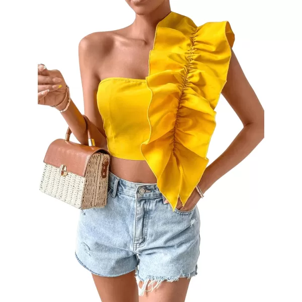 Floerns Women's One Shoulder Ruffle Trim Sleeveless Shirred Cocktail Party Crop Top