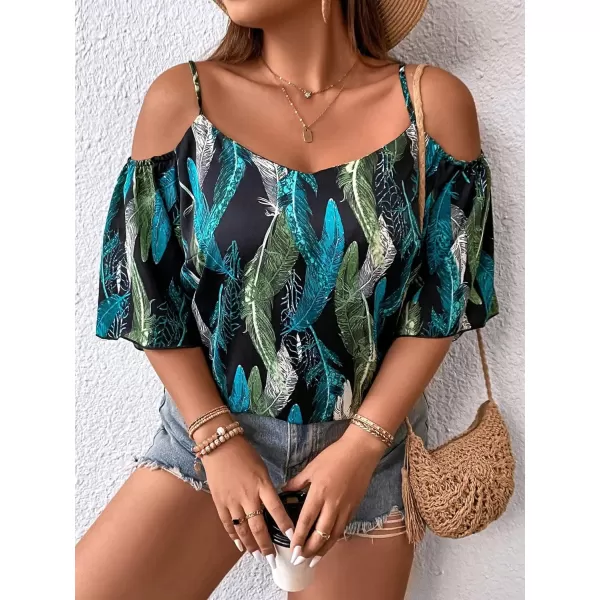 Floerns Women's Plus Half Sleeve Cold Shoulder Ruffle Asymmetrical Oversized Tee