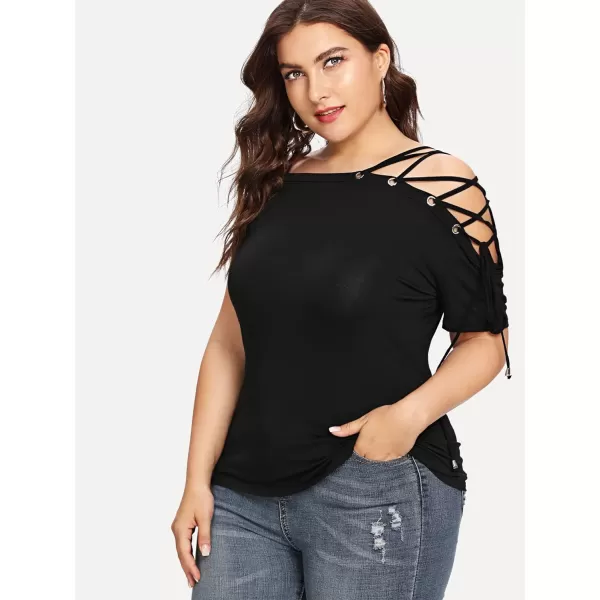 Floerns Women's Plus Half Sleeve Cold Shoulder Ruffle Asymmetrical Oversized Tee
