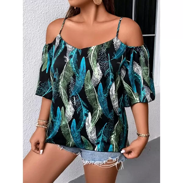 Floerns Women's Plus Half Sleeve Cold Shoulder Ruffle Asymmetrical Oversized Tee