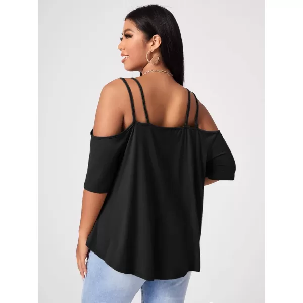 Floerns Women's Plus Half Sleeve Cold Shoulder Ruffle Asymmetrical Oversized Tee