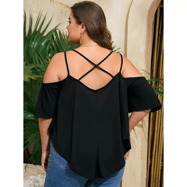 Floerns Women's Plus Half Sleeve Cold Shoulder Ruffle Asymmetrical Oversized Tee