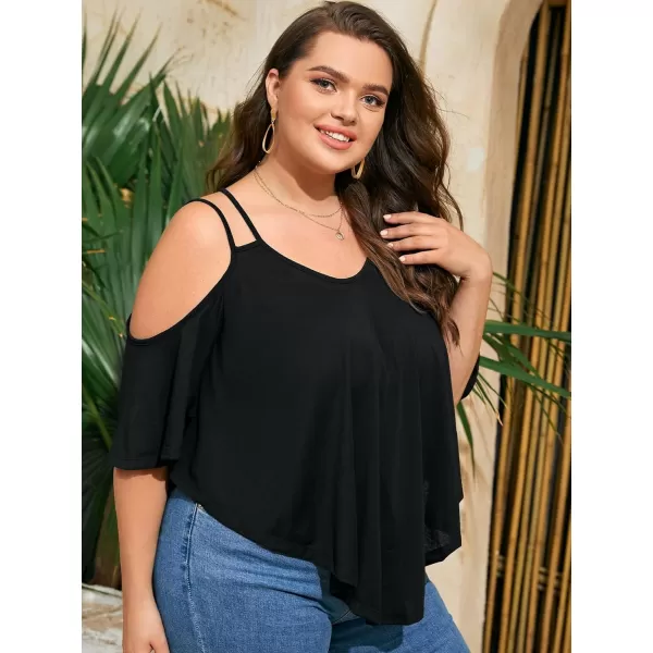Floerns Women's Plus Half Sleeve Cold Shoulder Ruffle Asymmetrical Oversized Tee