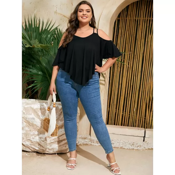 Floerns Women's Plus Half Sleeve Cold Shoulder Ruffle Asymmetrical Oversized Tee