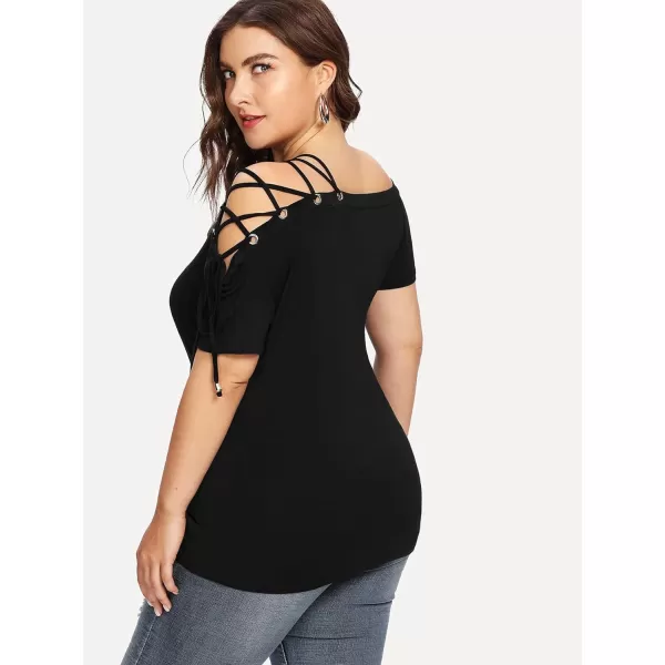 Floerns Women's Plus Half Sleeve Cold Shoulder Ruffle Asymmetrical Oversized Tee