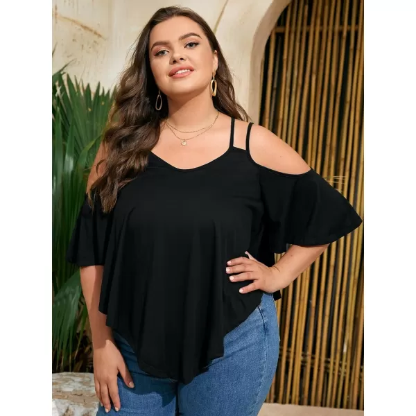 Floerns Women's Plus Half Sleeve Cold Shoulder Ruffle Asymmetrical Oversized Tee