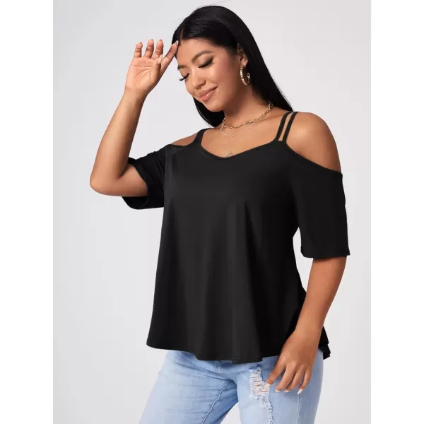 Floerns Women's Plus Half Sleeve Cold Shoulder Ruffle Asymmetrical Oversized Tee