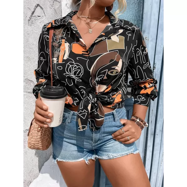 Floerns Women's Plus Size Graphic Print Collar Neck Button Front Long Sleeve Blouse Shirt