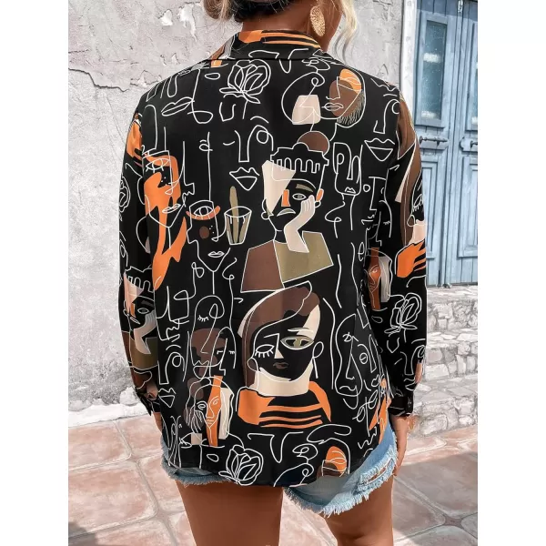 Floerns Women's Plus Size Graphic Print Collar Neck Button Front Long Sleeve Blouse Shirt