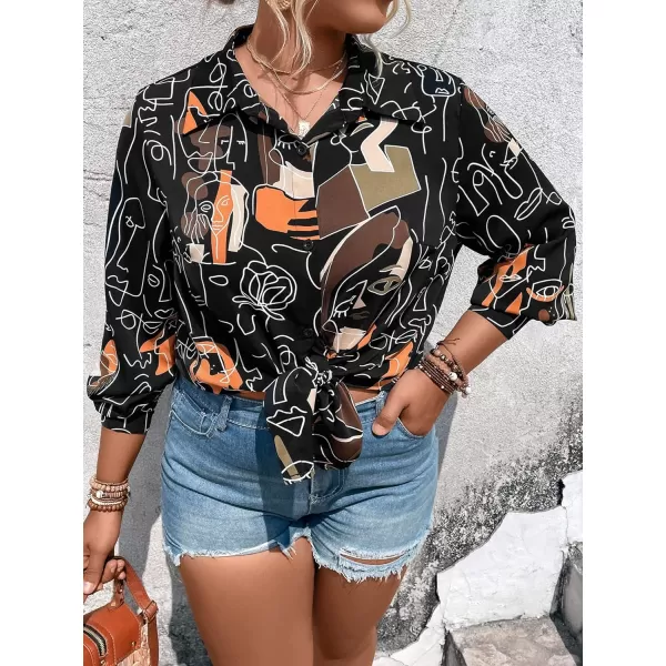 Floerns Women's Plus Size Graphic Print Collar Neck Button Front Long Sleeve Blouse Shirt