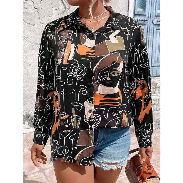 Floerns Women's Plus Size Graphic Print Collar Neck Button Front Long Sleeve Blouse Shirt