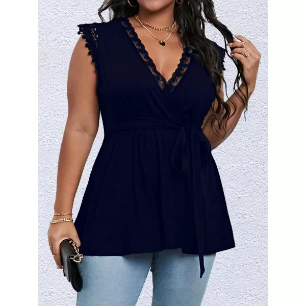 Floerns Women's Plus Size Lace Trim V Neck Sleeveless Belt Peplum Blouse Top