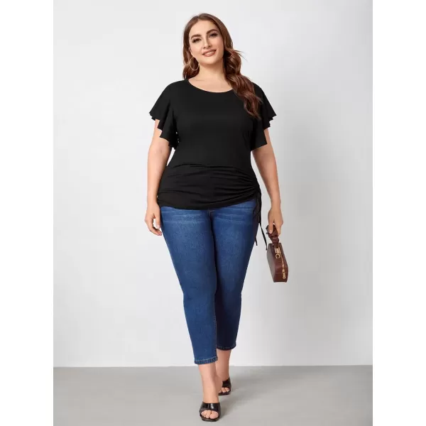 Floerns Women's Plus Size Ruffle Short Sleeve Tee Casual Round Neck Drawstring T Shirts