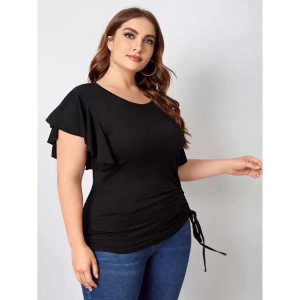 Floerns Women's Plus Size Ruffle Short Sleeve Tee Casual Round Neck Drawstring T Shirts