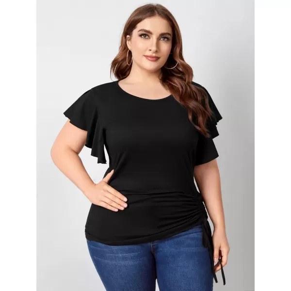 Floerns Women's Plus Size Ruffle Short Sleeve Tee Casual Round Neck Drawstring T Shirts