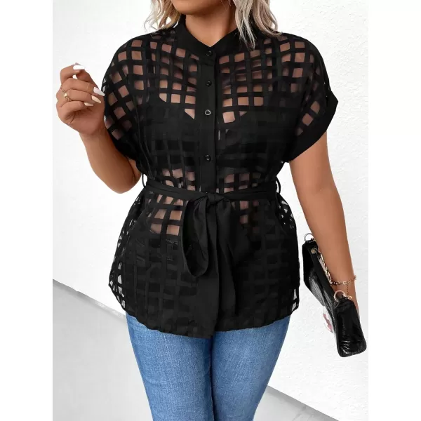 Floerns Women's Plus Size Short Sleeve Button Down Mock Neck Belted Shirt Blouse