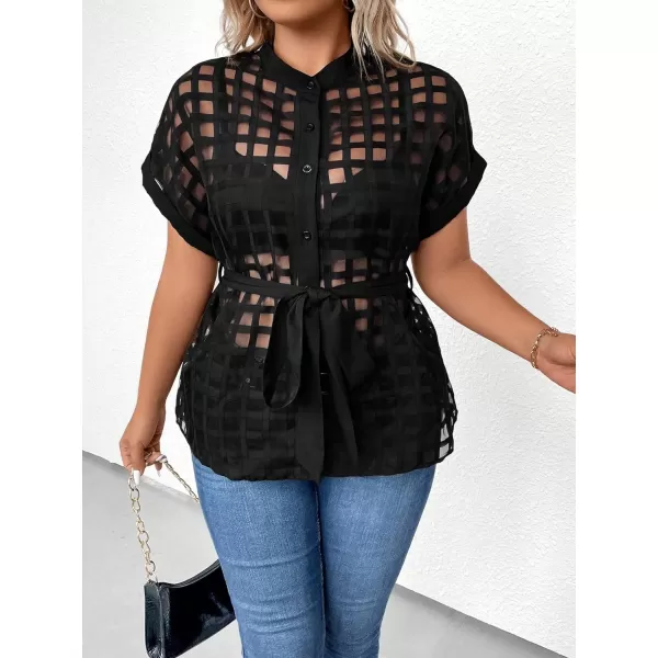 Floerns Women's Plus Size Short Sleeve Button Down Mock Neck Belted Shirt Blouse