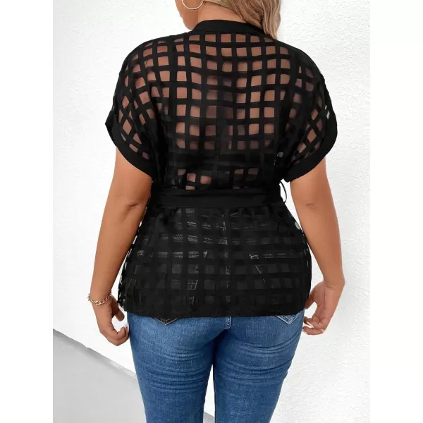 Floerns Women's Plus Size Short Sleeve Button Down Mock Neck Belted Shirt Blouse