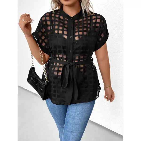 Floerns Women's Plus Size Short Sleeve Button Down Mock Neck Belted Shirt Blouse