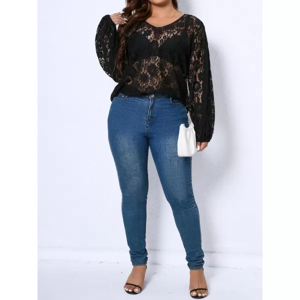 Floerns Women's Plus Size V Neck Long Sleeve Floral Lace See Through Blouse Tops