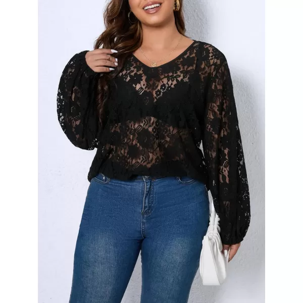 Floerns Women's Plus Size V Neck Long Sleeve Floral Lace See Through Blouse Tops