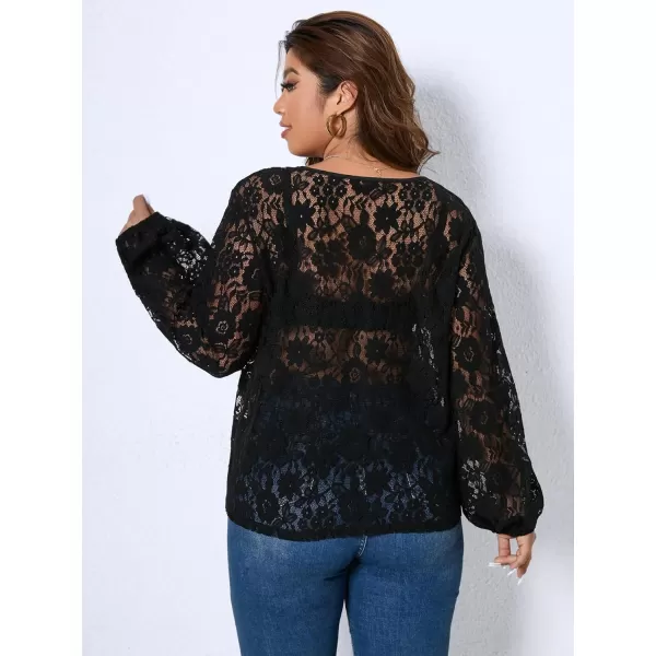 Floerns Women's Plus Size V Neck Long Sleeve Floral Lace See Through Blouse Tops