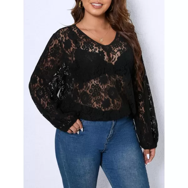 Floerns Women's Plus Size V Neck Long Sleeve Floral Lace See Through Blouse Tops