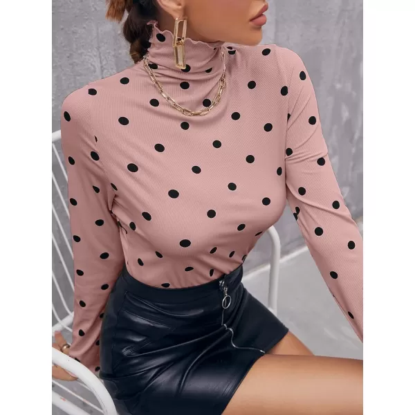 Floerns Women's Polka Dot Slim Fit High Neck Lettuce Trim Long Sleeve Tee Shirt Top