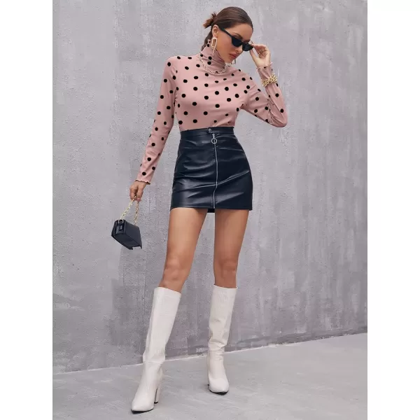 Floerns Women's Polka Dot Slim Fit High Neck Lettuce Trim Long Sleeve Tee Shirt Top