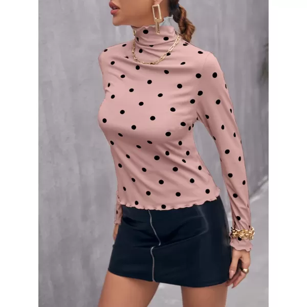 Floerns Women's Polka Dot Slim Fit High Neck Lettuce Trim Long Sleeve Tee Shirt Top