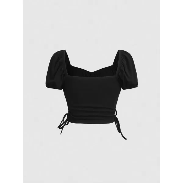Floerns Women's Puff Sleeve Drawstring Ruched Bust Sweetheart Neck Tee Shirt