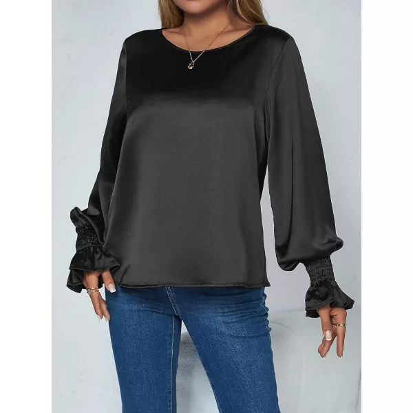 Floerns Women's Round Neck Trim Flounce Long Sleeve Elegant Satin Silk Blouse Tops