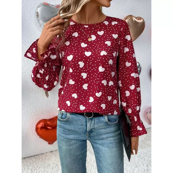 Floerns Women's Round Neck Trim Flounce Long Sleeve Elegant Satin Silk Blouse Tops