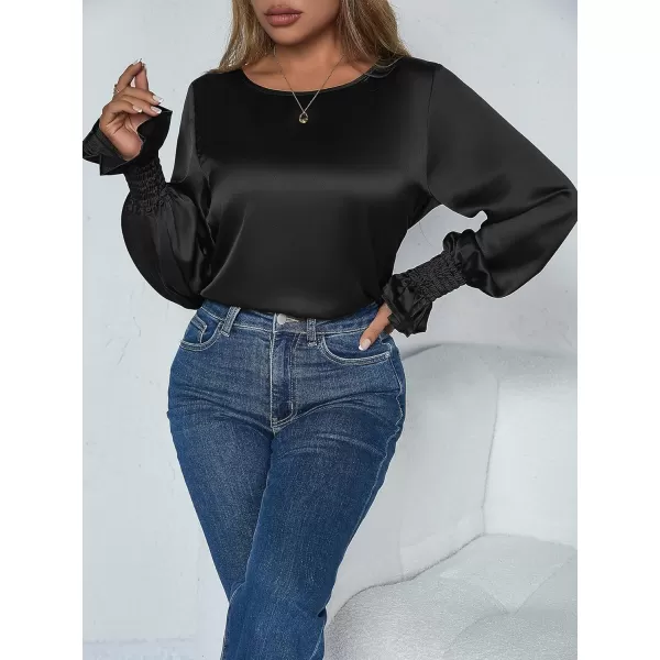 Floerns Women's Round Neck Trim Flounce Long Sleeve Elegant Satin Silk Blouse Tops