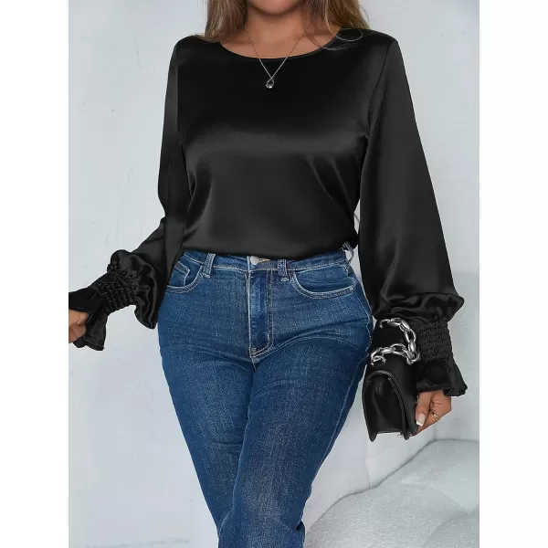 Floerns Women's Round Neck Trim Flounce Long Sleeve Elegant Satin Silk Blouse Tops