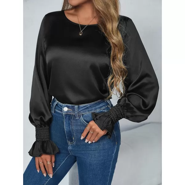 Floerns Women's Round Neck Trim Flounce Long Sleeve Elegant Satin Silk Blouse Tops