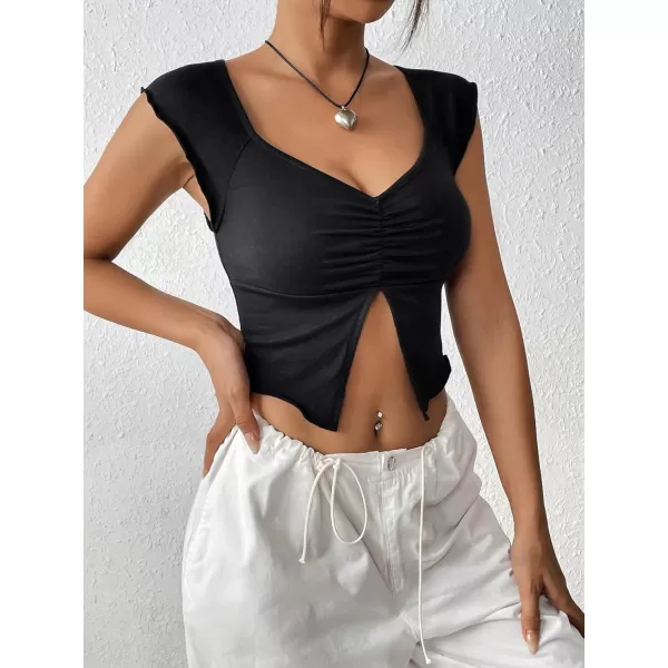 Floerns Women's Ruched Raglan Cap Sleeve Sweetheart Neck Split Hem Crop Top Tee