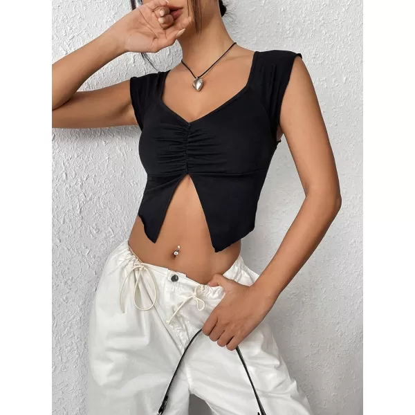 Floerns Women's Ruched Raglan Cap Sleeve Sweetheart Neck Split Hem Crop Top Tee