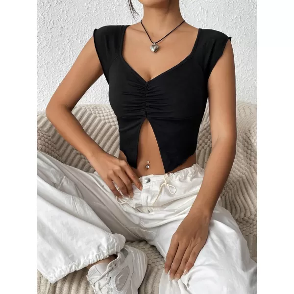 Floerns Women's Ruched Raglan Cap Sleeve Sweetheart Neck Split Hem Crop Top Tee