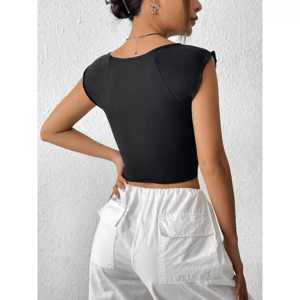 Floerns Women's Ruched Raglan Cap Sleeve Sweetheart Neck Split Hem Crop Top Tee