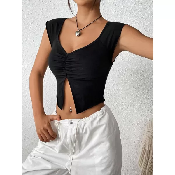 Floerns Women's Ruched Raglan Cap Sleeve Sweetheart Neck Split Hem Crop Top Tee