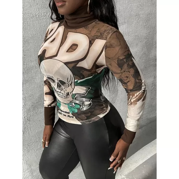 Floerns Women's Sheer Mesh Long Sleeve Turtleneck Streetwear Tee Shirt