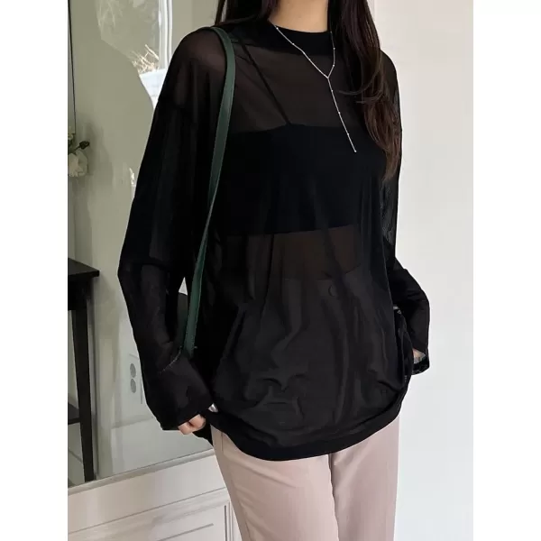 Floerns Women's Sheer Solid Mock Neck Long Sleeve Blouse Top Without Tank Top
